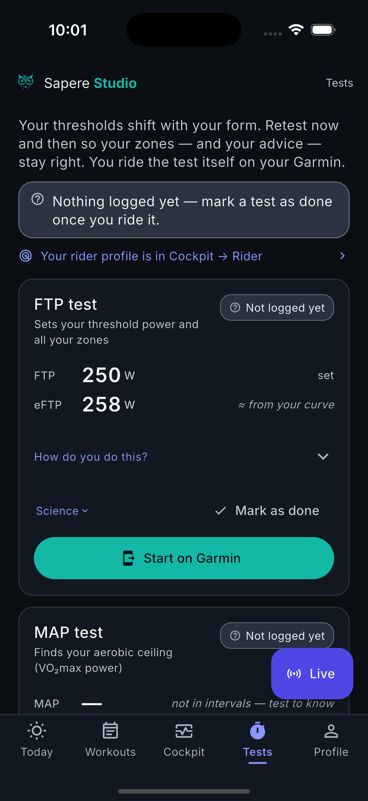 The Tests screen — FTP, MAP and CP tests with an honest set-vs-estimated label